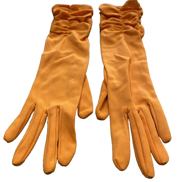 Vintage Dressy Orange Stretch Textile Gloves Ruched Elastic Wrist One Size 1960s - Picture 2 of 8